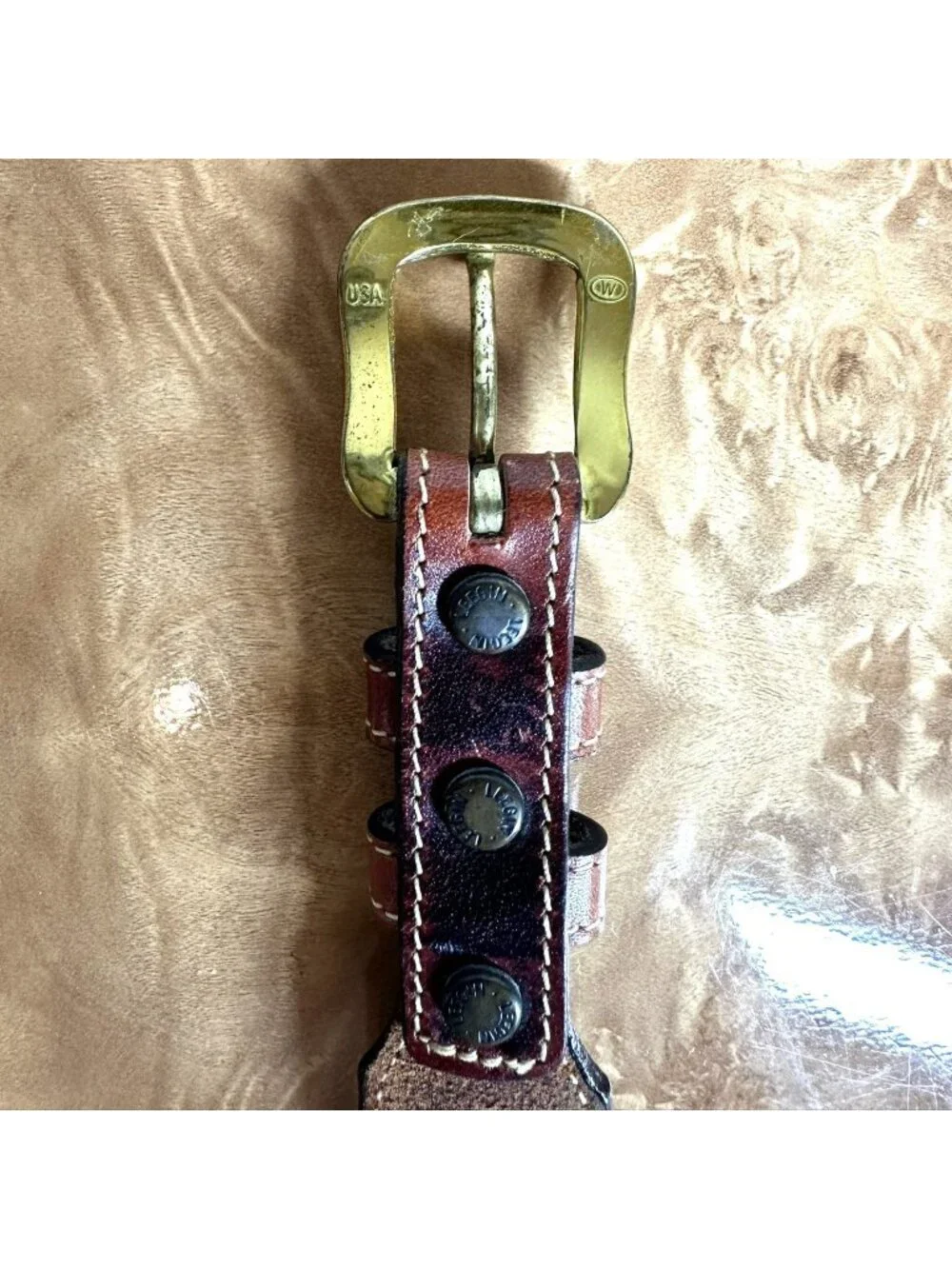Larry Mahan Western Leather Belt Brown Tooled Inlay Solid Brass Buckle Size 28